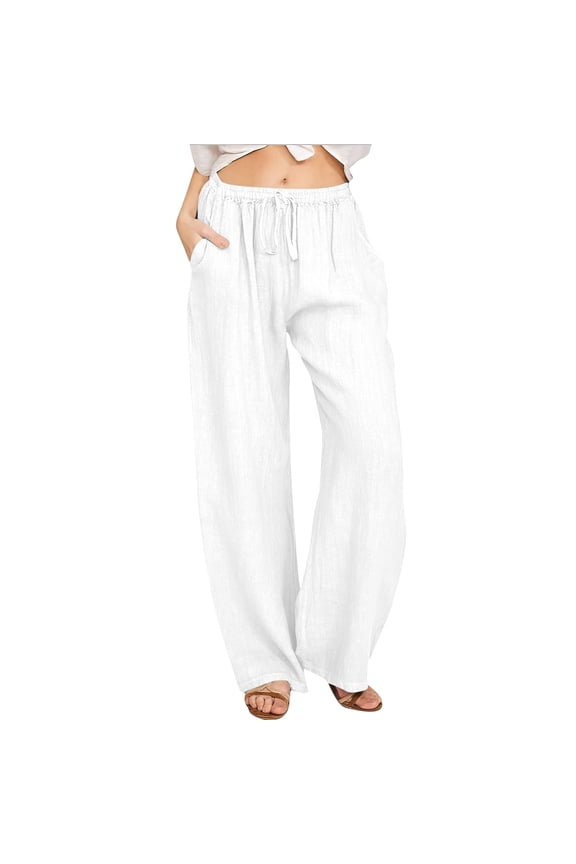 Women'S Summer Pants Women's Linen Pants Elastic High Waist Drawstring Wide Leg Palazzo Yoga Trousers Womens Casual Drawstring Women Plaid Casual Peg with Tie Rompers for Women Comfortable White L