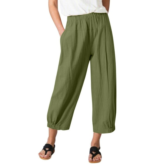 Summer Pants Women Trendy 2025 Women's Solid Color Elastic Waist Stitching Straight High Waist Cropped Casual Pants Casual for Women for Work plus Size A Tracksuit Business Women's Green XL