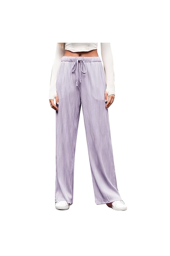 Summer Pants for Women Wide Crinkle Trousers Women's Wide Long Casual Trousers Elastic Waist High Waist Comfortable Casual Lounging Pants Women Drawstring Teacher Wardrobe for Fuzzy Purple 2XL