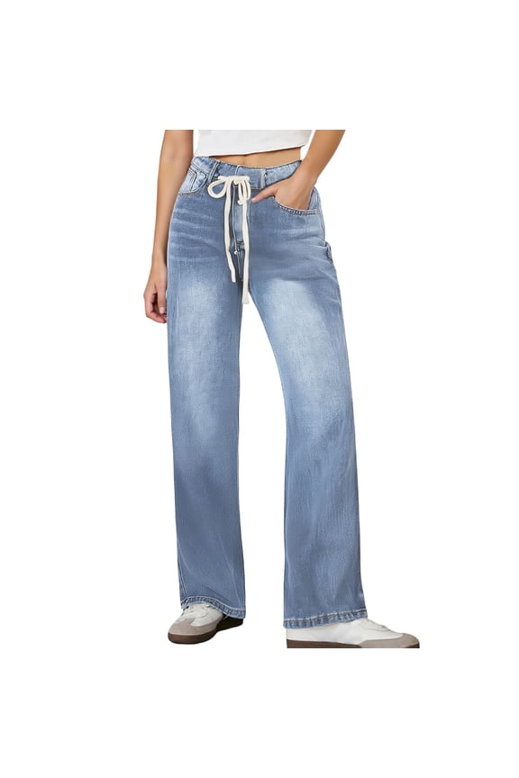 Summer Pants for Women Wide Leg Jeans High Waisted Stretchy Straight Leg Baggy Drawstring Zimbaplatinum Denim Pants Slouchy Women Jiggers Dress Short for Soft Casual Fashions BU2 M