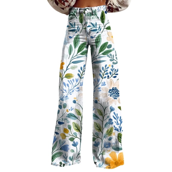 Summer Pants for Women Wide Leg Pants High Waist Patterned Pants Lightweight Loose Fit Casual Colorful Trouser Imitation Jeans Womens Pants Casual & Wide Leg