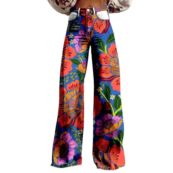 Summer Pants for Women Wide Leg Pants High Waisted Flower Patterned Pants Lightweight Loose Casual Colorful Pants Heavyweight Pants Womens Pants Casual & Wide Leg