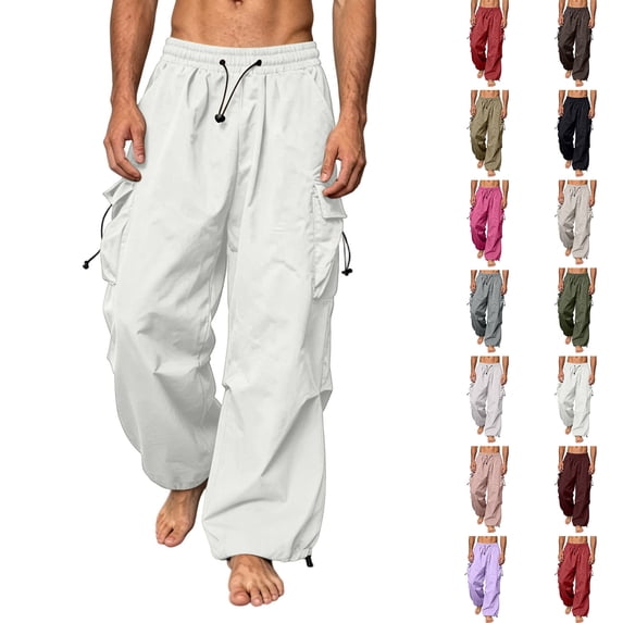 Summer Pants Zaewscy Men's Multi-functional Cargo Pants Men's Loose Casual Style Functional Style Drawstring Straight Leg Leggings Long Pants Couple Pants White XXXXL