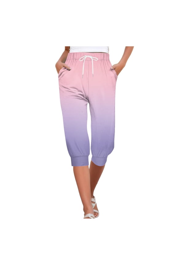 Summer Pants for Women 4Th of July Flag Independence Day Print Capris Pants Summer Bottom Drawstring Joggers Leather Pants for Women Pink XL