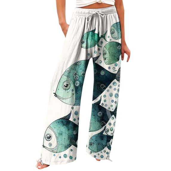 Summer Pants for Women Art Print Cotton Linen Casual Pants Casual Wide Leg Trousers Pockets Womens Pants Casual & Wide Leg