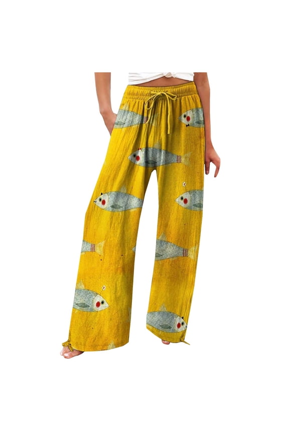 Summer Pants for Women Art Print Cotton Linen Casual Pants Casual Wide Leg Trousers Pockets Womens Pants Casual & Wide Leg