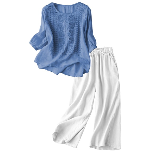 Summer Pants for Women Casual Embroidered Top Cotton Linen Long Pants Two Piece Set Womens Pants Casual & Wide Leg