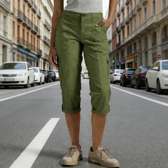 Summer Pants for Women Casual Knee Length Cargo Long Shorts Solid Color Elastic Waist Button Lounges Capris with Pockets