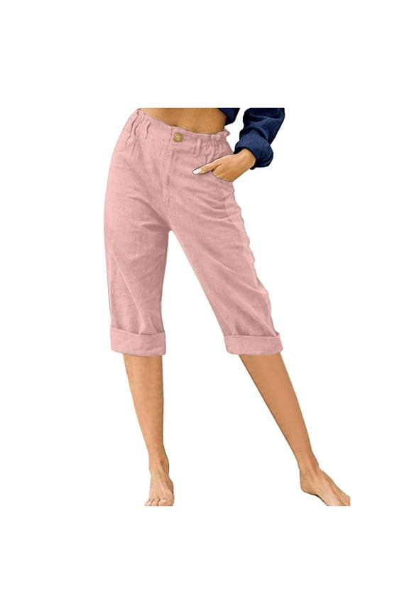 Summer Pants for Women Cotton Linen Beach Shorts 3/4 Sweatpants Capri Pants Elastic Waist Cropped Harem Pants