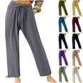 thumbnail image 1 of Summer Pants for Women Cotton Linen Elastic Drawstring Loung Pants Soild Color Wide Legs Beach Trousers with Pockets, 1 of 6