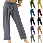 Summer Pants for Women Cotton Linen Elastic Drawstring Loung Pants Soild Color Wide Legs Beach Trousers with Pockets