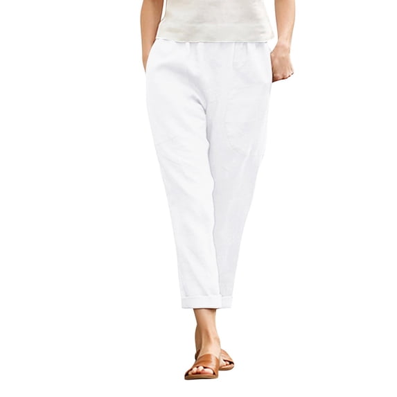 Summer Pants for Women Cotton Pocket Cropped Straight Leg Crop Pants Casual Long Loose Pant Slacks Womens Pants Casual & Wide Leg