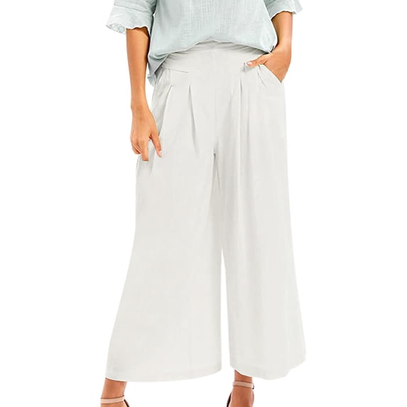 Summer Pants for Women Culottes Cotton Wide Leg Pants Elastic Waist Trousers Pockets Womens Pants Casual & Wide Leg
