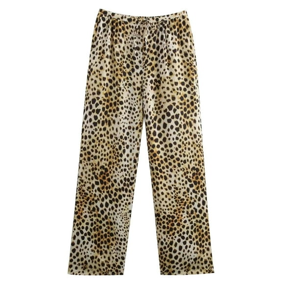 Summer Pants for Women Elastic Waist Leopard Print Sexy Loose Fit Straight Trousers Khaki Casual Lounge Pant M