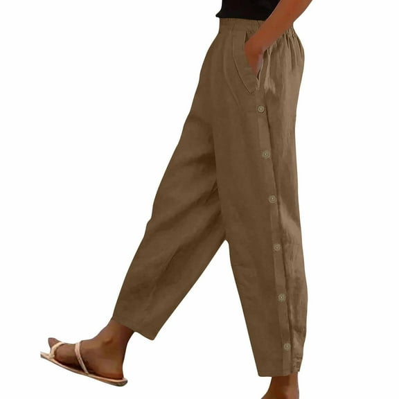 Husipze Summer Pants for Women Elastic Waist Tapered Cotton Linen Pants Casual Summer Loose Ankle Lounge Trouser with Pockets Brown S