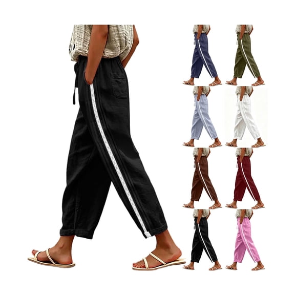 Summer Pants for Women High Waisted Straight Leg Casual Pants Baggy Loose Side Striped Trousers with Pockets