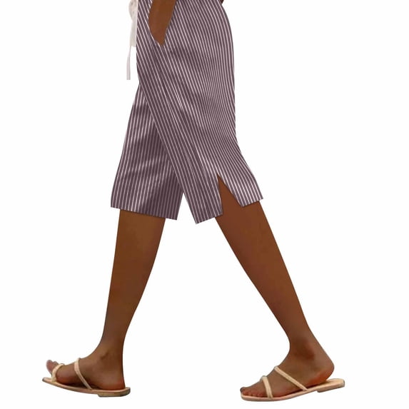 Summer Pants for Women Ladies' Fashionable Casual Striped Side Slit Cotton Linen Five Quarter Pants Womens Pants Casual & Wide Leg