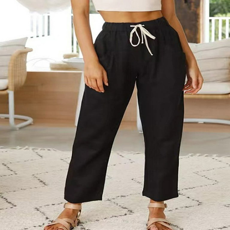 Wide Leg Capri Pants for Women Casual Summer Drawstring Elastic High Waist  Cotton Linen Pant Cropped Trousers