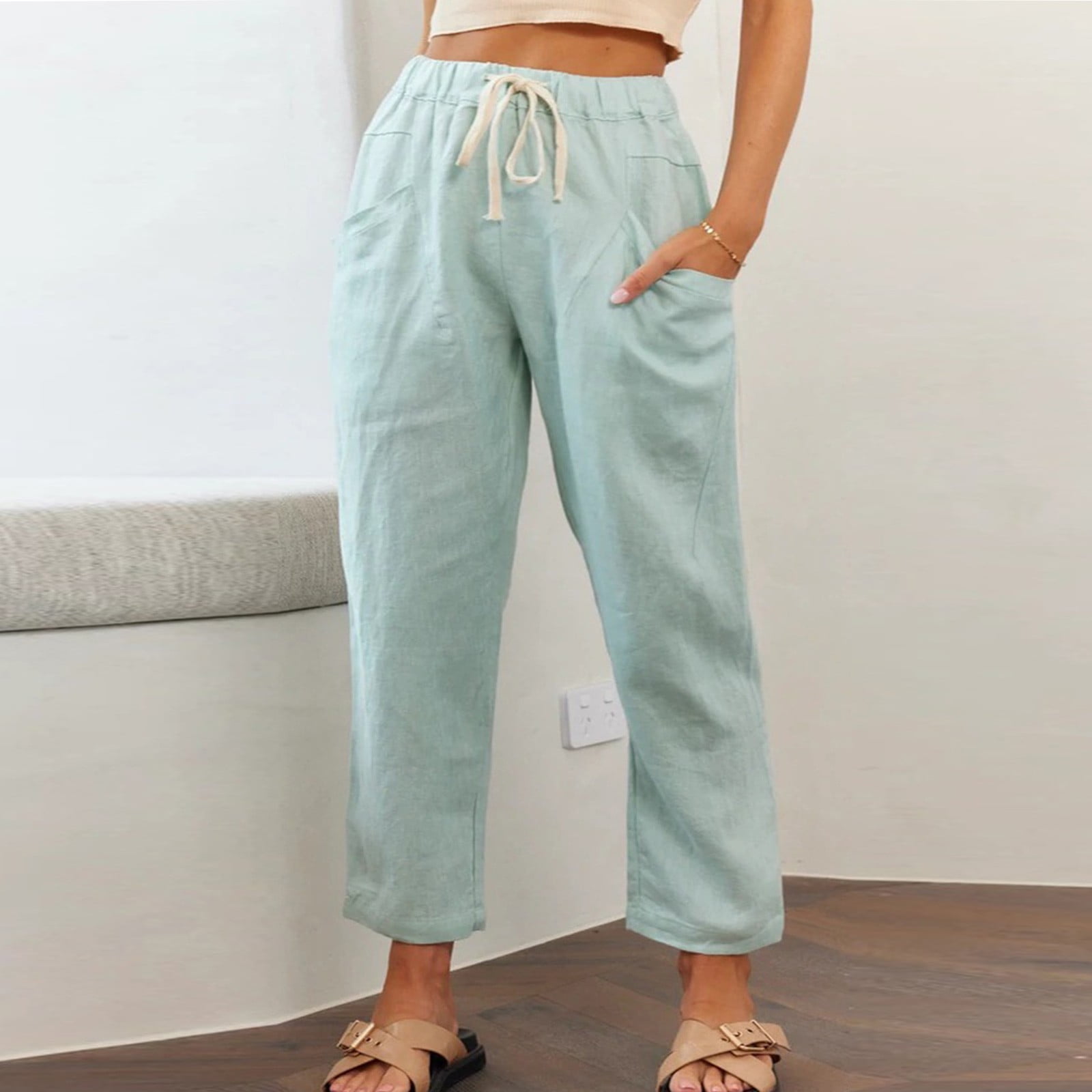 Summer Pants for Women Plus Size Casual Cotton Linen Wide Leg ...