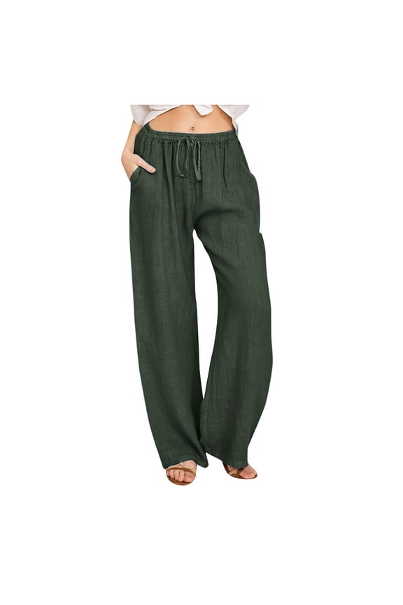 Summer Pants for Women Plus Size Straight Leg Casual Loose Elastic Waisted Drawstring Slacks Trousers with Pockets