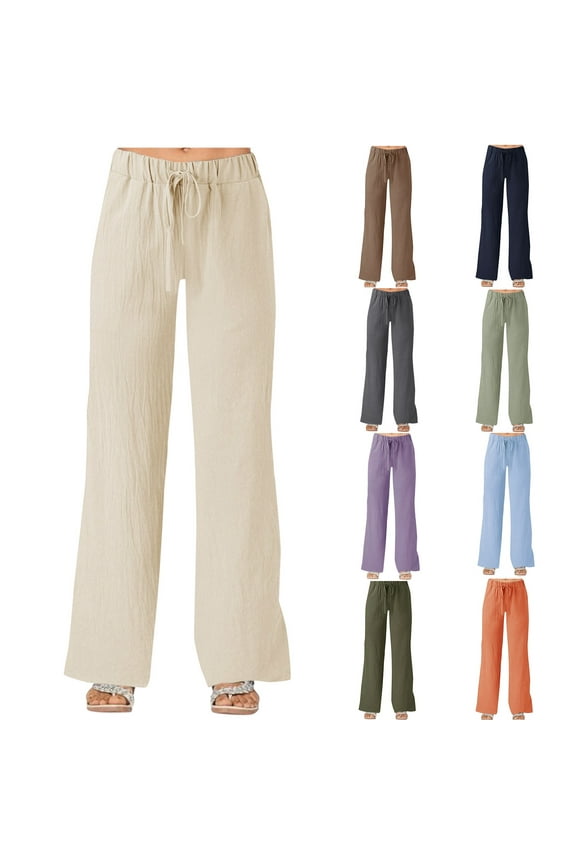Summer Pants for Women Solid Color Strapped Pockets Loose Straight Linen Trouser Army Green Lounge Pajama Pant L
