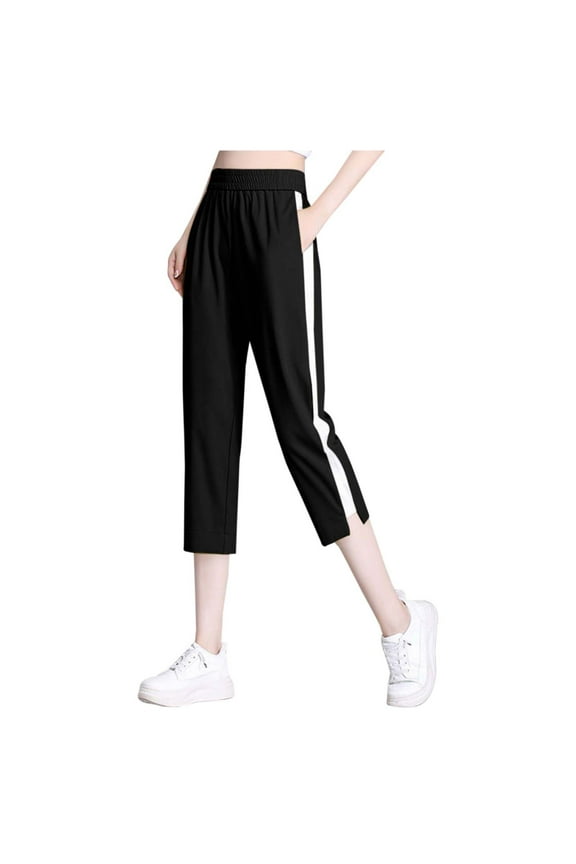 Summer Pants for Women Summer Capri Pants Contrast Slim Fit Sporty Cropped Harem Lightweight Trousers Womens Capri Pants Black M