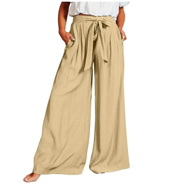 Maean Summer Pants for Women Trendy Elastic High Waist Wide Leg Bowknot Belted Pleated Trousers with Pockets