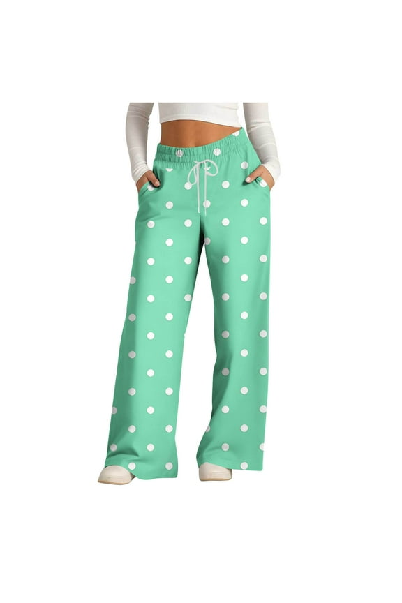 Summer Pants for Women, Womens Wide Leg Pants Drawstring Elastic High Waisted Ruffle Hem Pants with Pockets Mint Green S