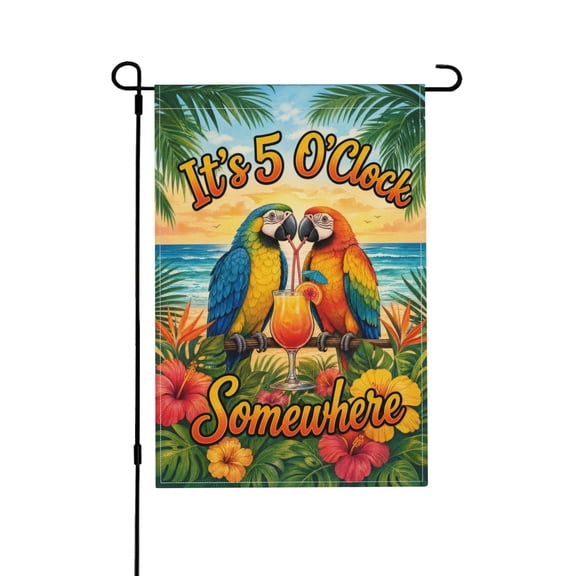 Summer Parrot Bird Garden Flag Its 5 OClock Somewhere Nautical Tropical Ocean Yard Decor 12x18 in