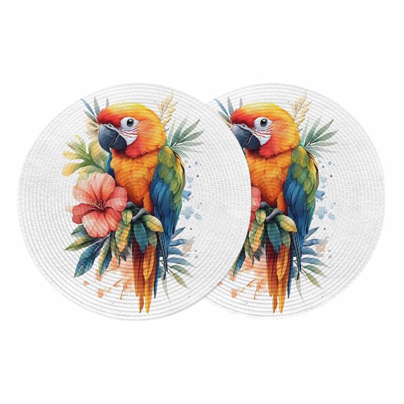 Summer Parrot Round Placemats Set of 2 Spring Verdant Flower Patterns Place Mats Indoor Woven Table Mats Washable Heat-Resistance Braided Dining Table Placemats for Kitchen Party Decor 13 Inch