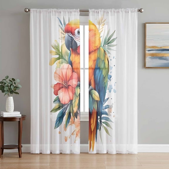 Summer Parrot Sheer Curtains 63 Inch Length 2 Panels Set, Spring Verdant Flower Patterns Voile Window Treatment Rod Pocket Curtains Sheers Drapes for Bedroom/Living Room/Kitchen 52x"63"x2