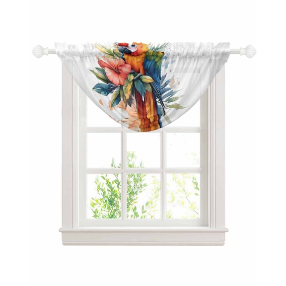 Summer Parrot Sheer Waterfall Valance Curtains for Window, Spring Verdant Flower Patterns Rod Pocket Sheer Topper Swag Curtains for Living Room, Kitchen 38.5"W x 47.2"L, 1 Panel