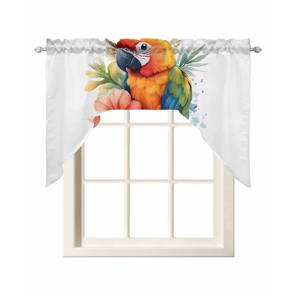 Summer Parrot Swag Valances for Windows, Small Curtains Drapes, Spring Verdant Flower Patterns Kitchen Window Curtains Over Sink Rod Pocket Window Treatment Valance for Bedroom/Bathroom 56"x36"