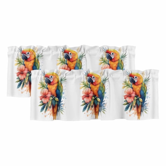 Summer Parrot Valances for Windows, Decorative Rod Pocket Window Valance Curtains, Spring Verdant Flower Patterns Short Curtain Drapes for Kitchen/Bathroom/Living Room, 2 Panels, 42" W x 12" L