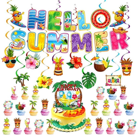 Summer Party Decorations Set with Hello Summer Banner Hanging Decorations Cupcake Toppers for Home, Office, Classroom, or Holiday Parties