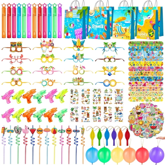 Summer Party Favors, 150pcs Beach Party Favors Set Including Paper Sunglasses Stickers Slap Bands Balloons Etc Summer Beach Party Supplies