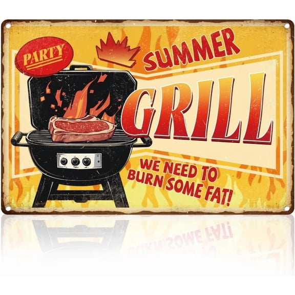 Summer Party Grill BBQ Wall Decor Tin Sign 8 x 12 We Need to Burn Some Fat Metal Sign Vintage Wall Art Poster for Home Outdoor Patio BBQ Restaurant DIY