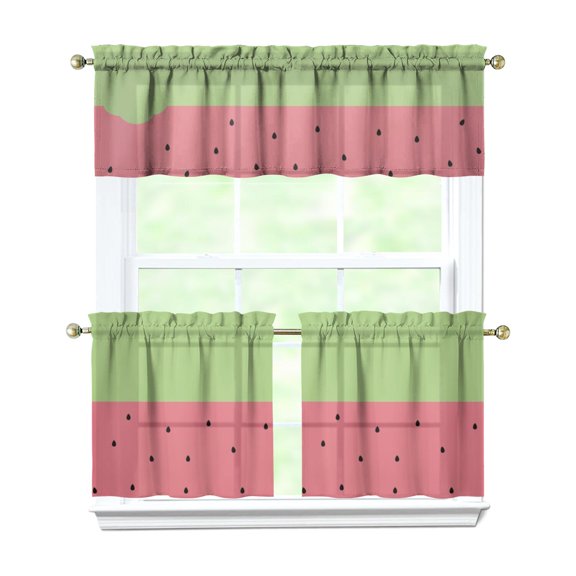 Summer Party Kitchen Curtains Set of 3 - Fresh Watermelons Print Tier Curtains with Valance, Farmhouse Window Treatment Panels