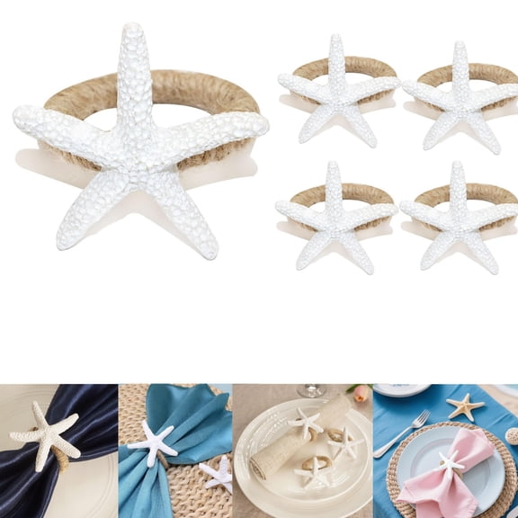 Summer Party Napkin Rings (6-Pack),White Coastal Starfish Design for Birthday,Beach Wedding,Holiday Banquet,Coastal Themed Table Settings