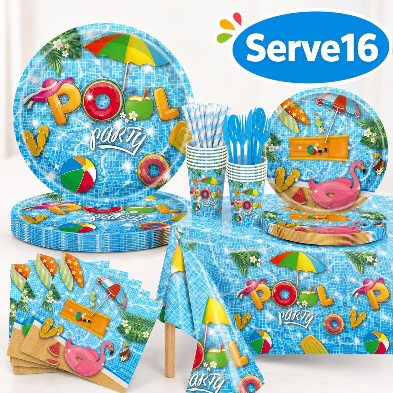 Summer Party Paper Plates Pool Party Tableware Set for Beach Hawaiian Party Favor Supplies Serve 16 Guests