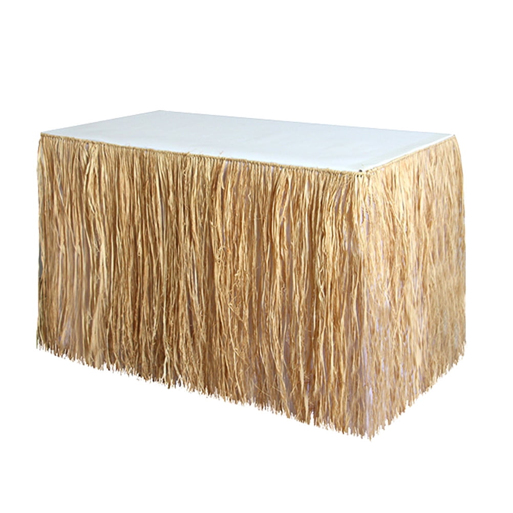 Summer Party Table Skirt Desk Skirt Decorative Prop with Simulation Straw for Seaside Beach Party Decoration