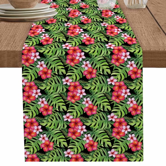 Summer Pastoral Gardenia Flower Leaves Table Runner-36 Inch Long Tropical Plants Table Runners Linen Burlap Tablerunner for Kitchen Dining Room Holiday Party