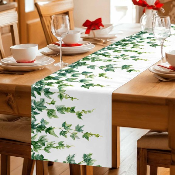 Summer Pastoral Green Foliage Table Runner 36 Inches Long,Kitchen Dining Tablerunners Ombre Watercolor Greenery Linen Table Runners Dresser Scarves for Home Dinner Wedding Holiday Party Decor
