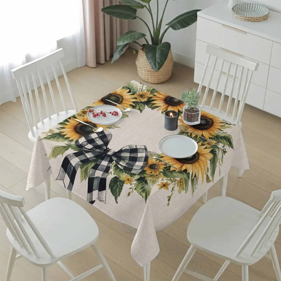 Summer Pastoral Sunflower Wreath on Linen Table Cloth 54x54in, Waterproof Square Tablecloth Wipeable Tablecloths Circle Flower Table Covers for Dining Tables Party Indoor Outdoor