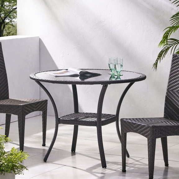 Summer Patio Bistro Table | Great for Outdoor Socializing | Rattan - Wrapped Iron Frame | Tabletop Hole for Umbrella Installation
