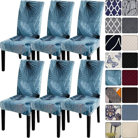 Summer Pattern Dining Room Chair Covers Set of 6, Stretch Printed Parsons Chair Slipcovers Spandex Removable Washable Kitchen Chair Protector Cover for Dining Room, Hotel, Ceremony (Blue)