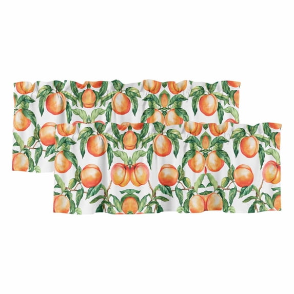 Summer Peach Curtain Valances for Windows, Kitchen Valance Window Treatments Panel 2 Pack, Pink Orange Fruits Botanical Green Rod Pocket Short Curtains for Bathroom Bedroom 42 x 18 Inch