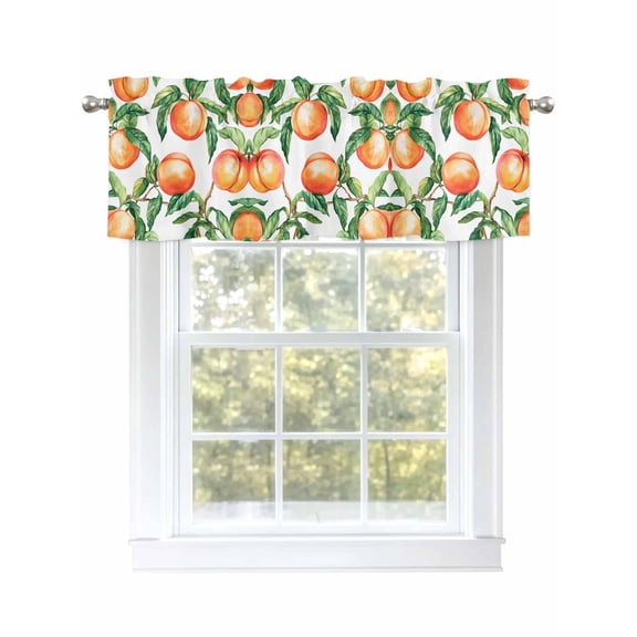 Summer Peach Curtain Valances for Windows, Pink Orange Fruits Botanical Green Kitchen Valance Window Treatment, Light Filtering Block Curtains for Bathroom/Bedroom/Living Room 42'' x 18''