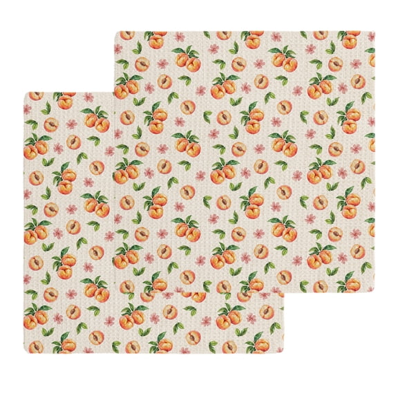 Summer Peach Kitchen Dish Towels for Drying Dishes Set of 2, Tropical Fruit Rustic Flowers Watercolor Waffle Weave Microfiber Hand Tea Bathroom Towels Quick Dry & Absorbent Towel 12x12