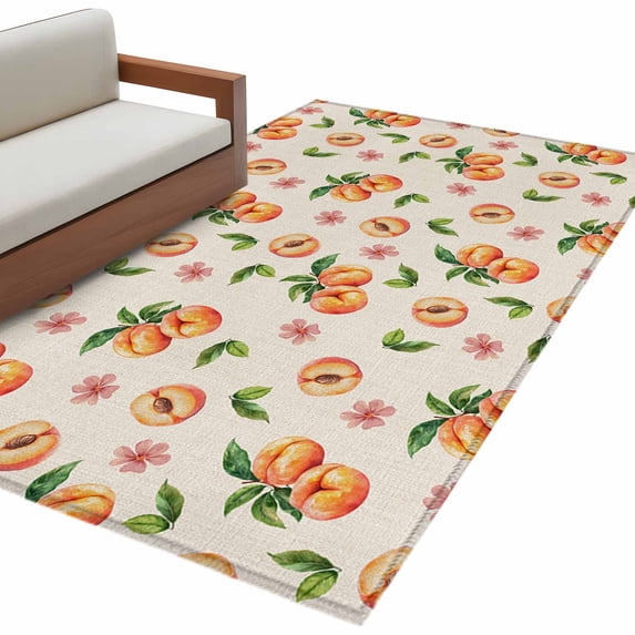 Summer Peach Large Area Rugs for Bedroom Living Room, Non Slip Carpet Bedside Rug, Tropical Fruit Rustic Flowers Watercolor Rectangular Floor Cover Kitchen Accent Rug 4'x6' for Dining Room/Office